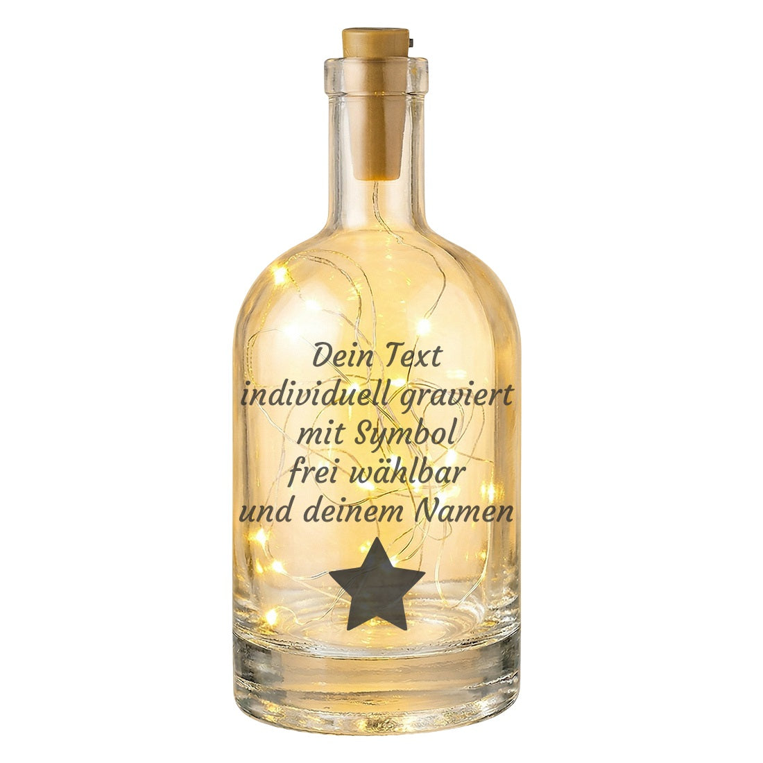 LED-Flaschenlicht mit gravierten Engelsflügeln und individuellem Text als Schutzengel-Geschenk.