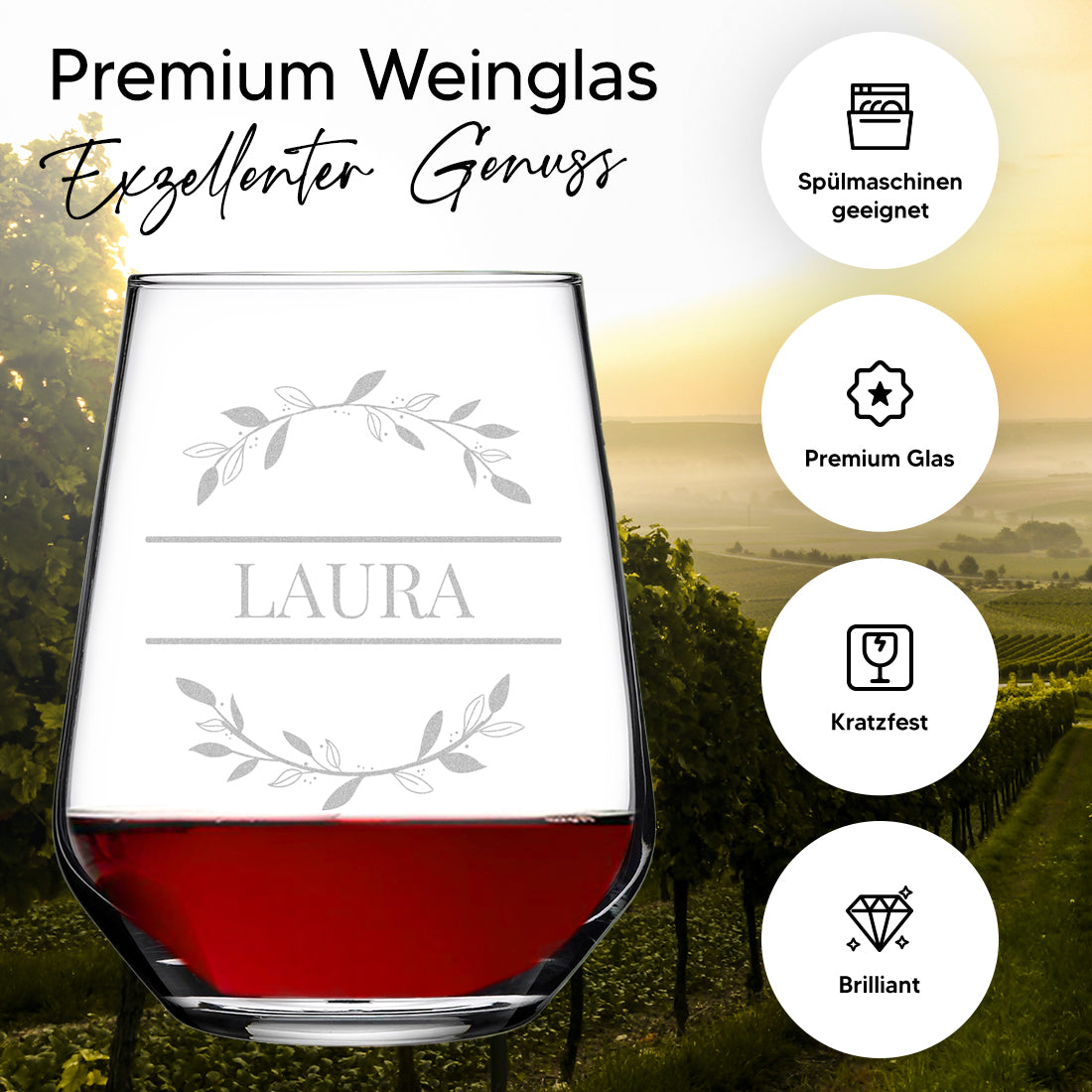 Elegantes Weinglas 425 ml mit Gravur - Personalisiertes Geschenk