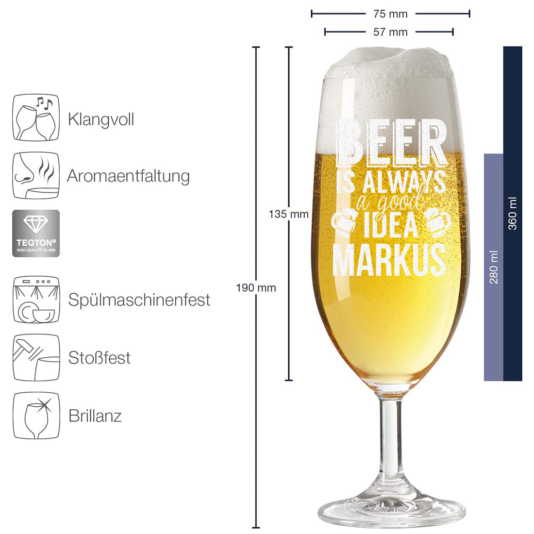Pilstulpe Bierglas 0,3 L mit Gravur "Beer is always a good idea"