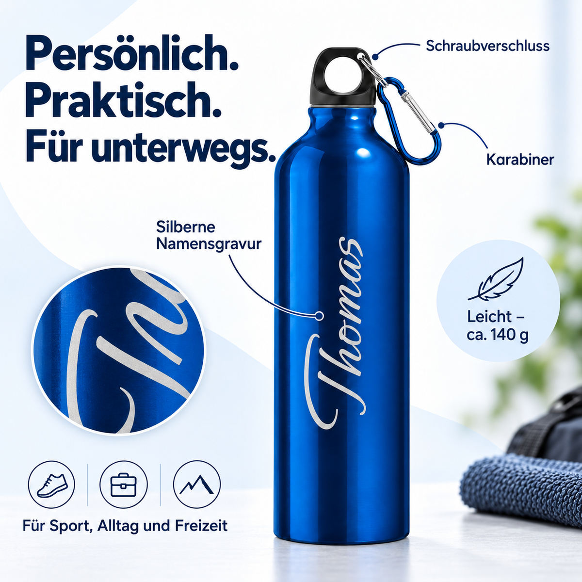 Trinkflasche in Blau: Schraubverschluss, Karabiner und silberne Namensgravur