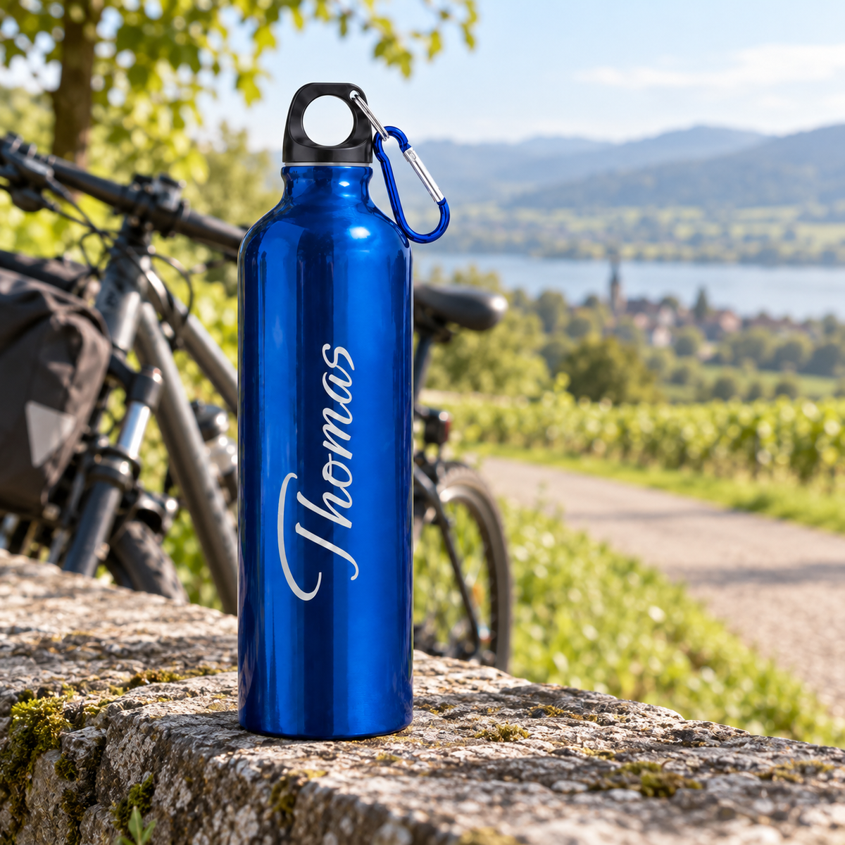 Trinkflasche in Blau mit Beispielname Thomas auf einer Fahrradtour