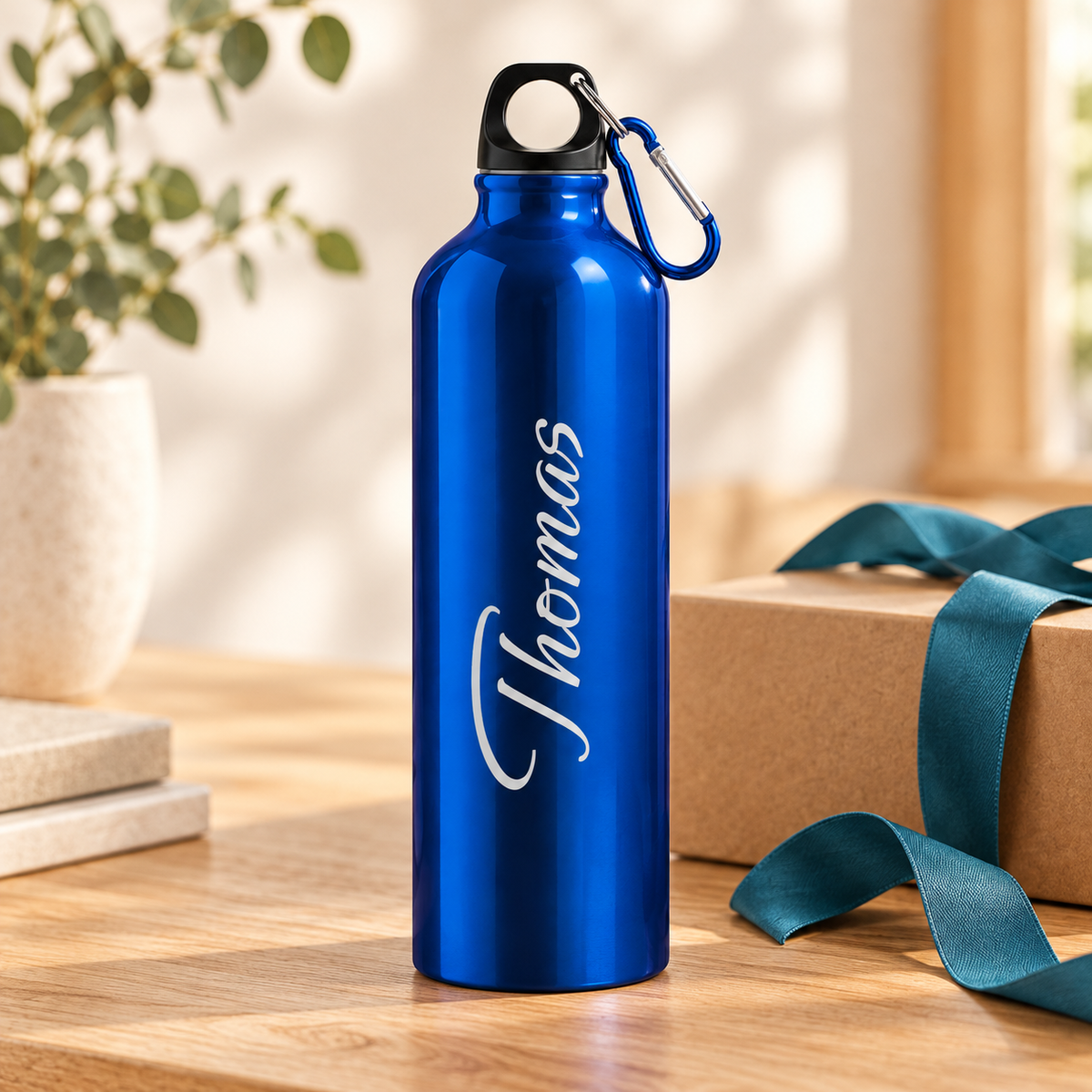 Personalisierte Trinkflasche in Blau als Geschenk mit Dekoration