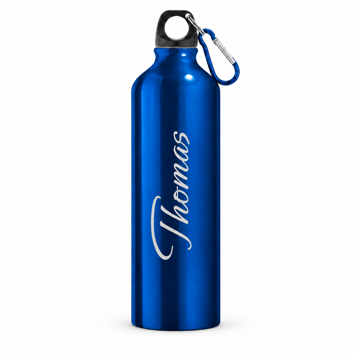 Trinkflasche in Blau mit Beispielname Thomas, schwarzem Schraubdeckel und Karabiner