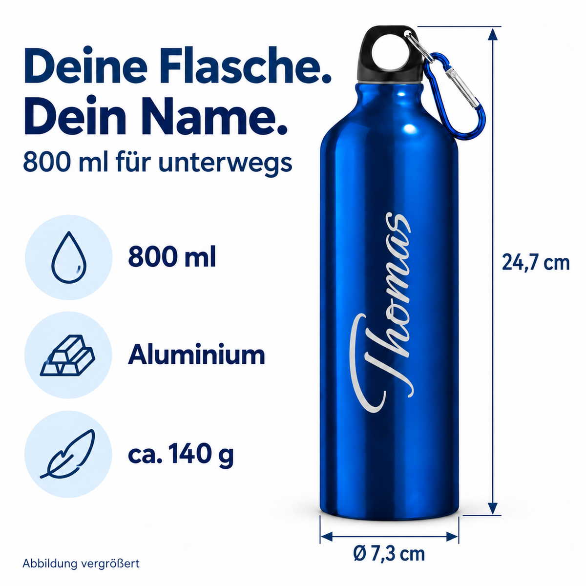 Maße der Trinkflasche in Blau: 24,7 cm Höhe, 7,3 cm Durchmesser, 800 ml und ca. 140 g