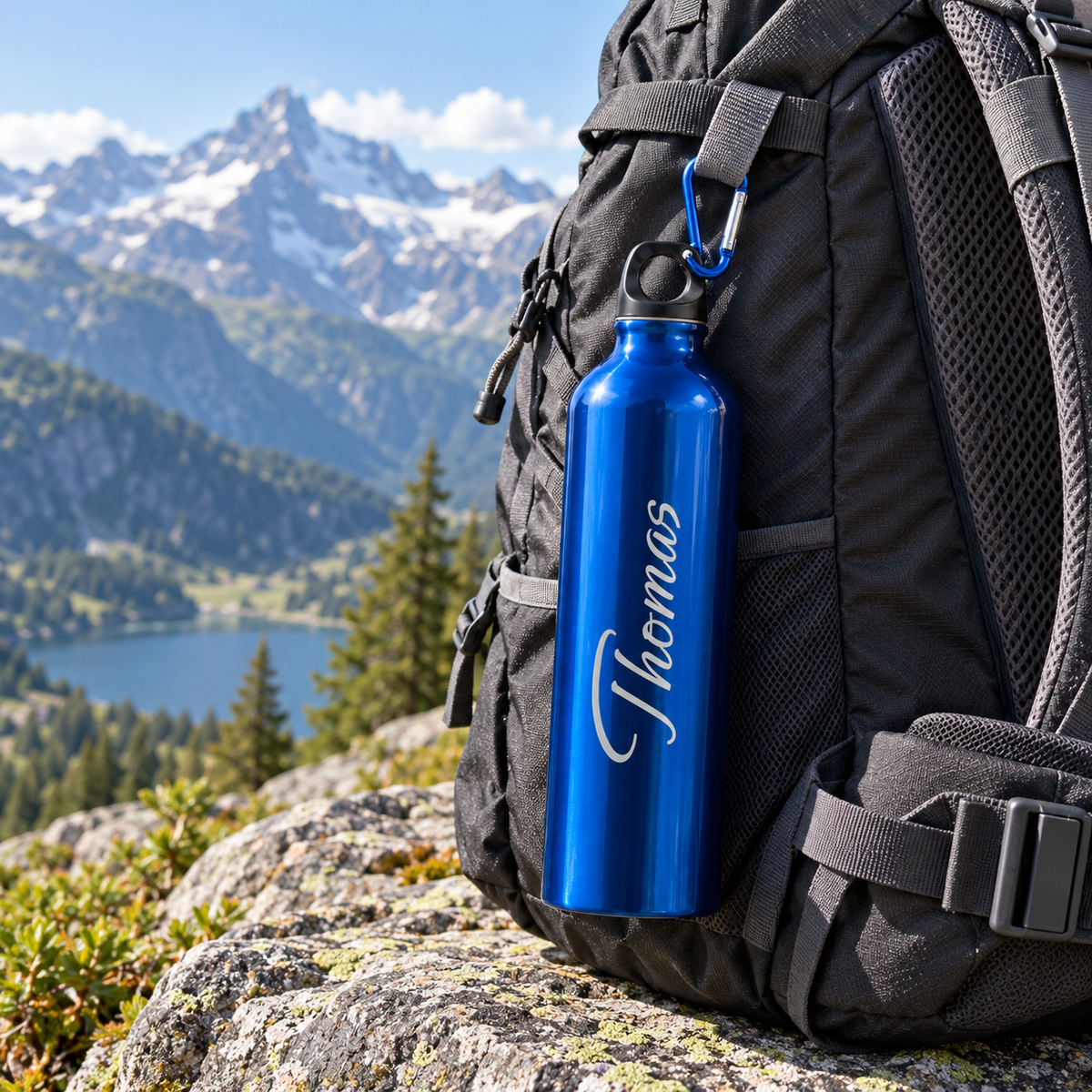 Trinkflasche in Blau mit Namensgravur beim Wandern am Rucksack