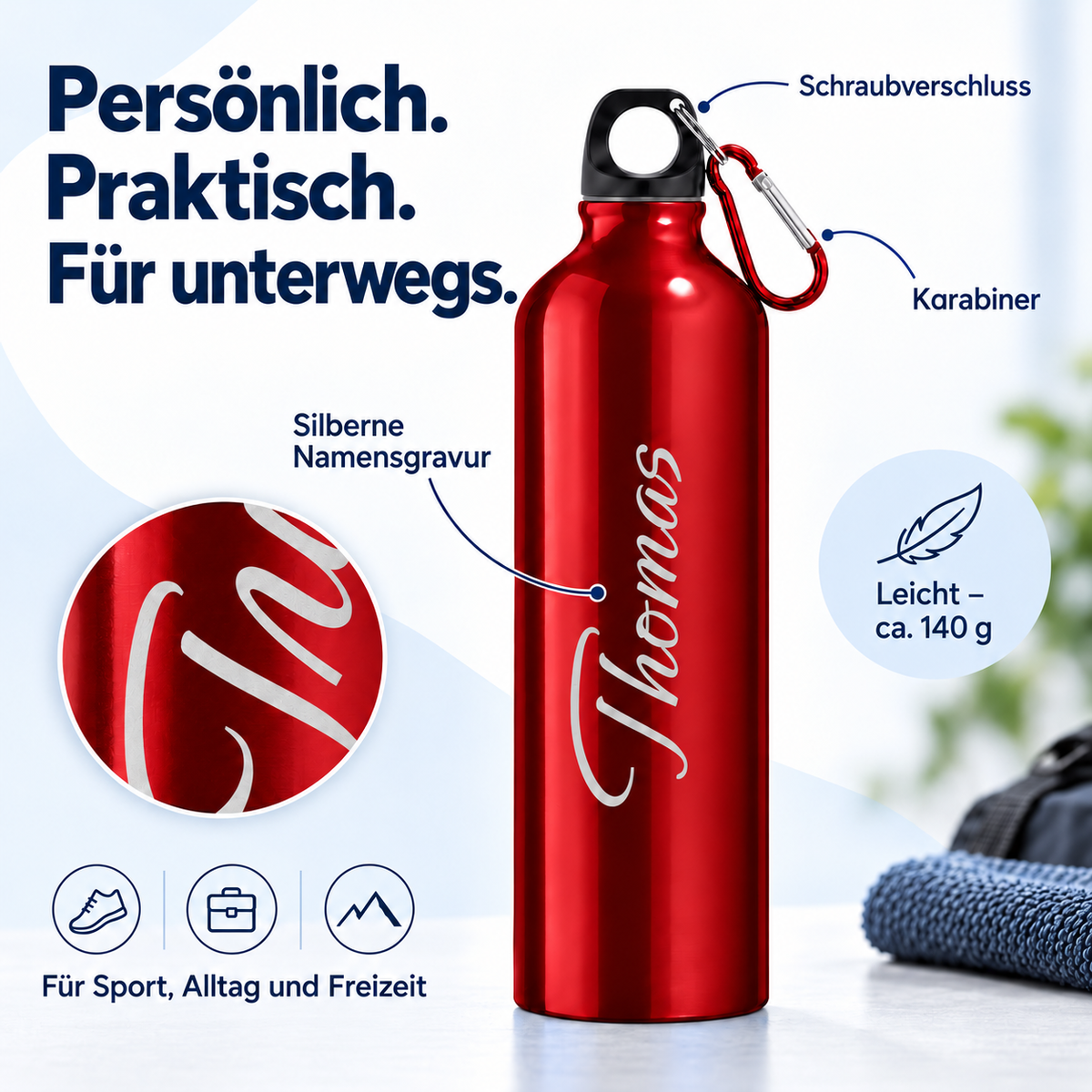 Trinkflasche in Rot: Schraubverschluss, Karabiner und silberne Namensgravur