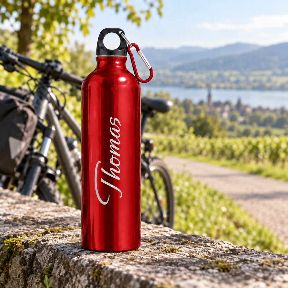 Trinkflasche in Rot mit Beispielname Thomas auf einer Fahrradtour