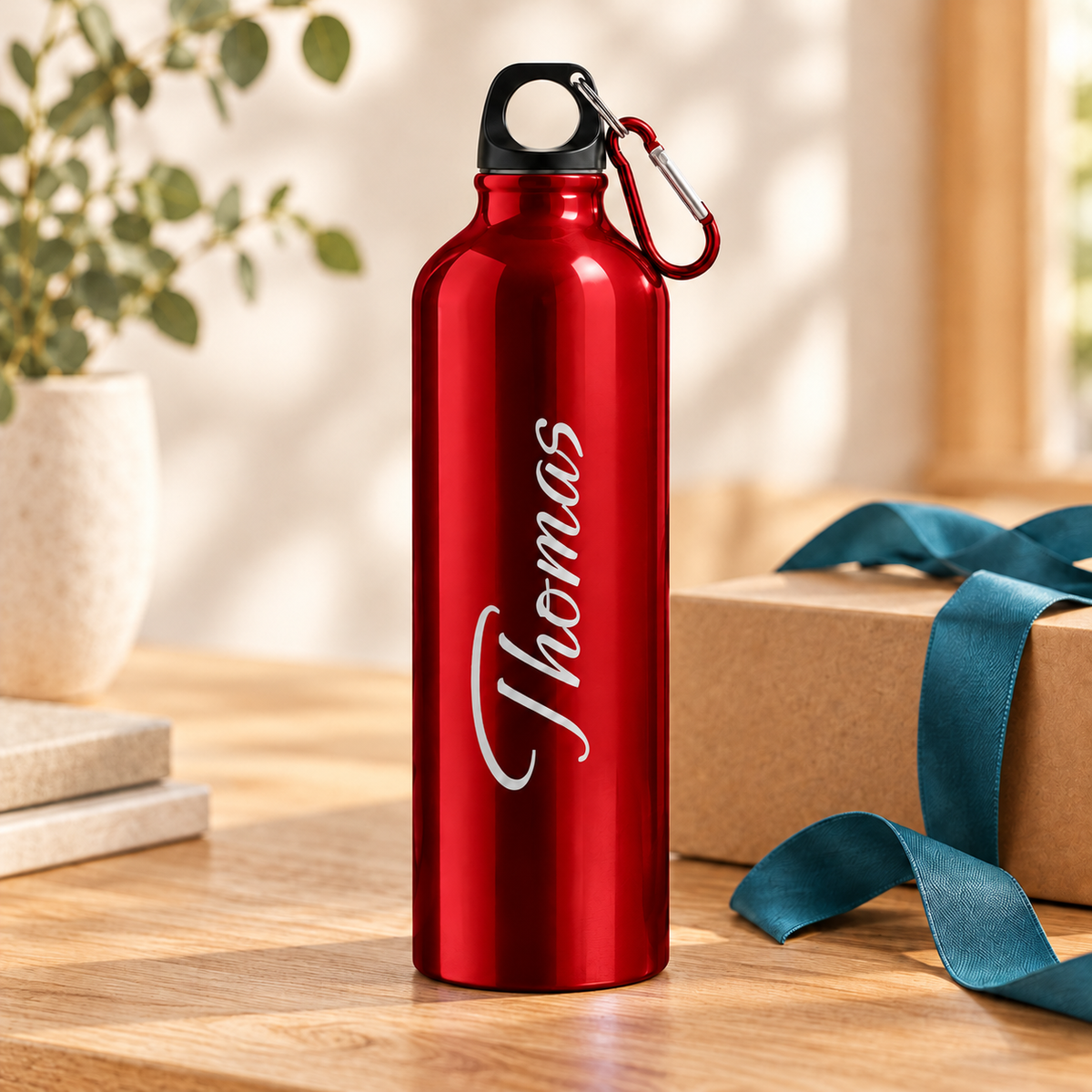 Personalisierte Trinkflasche in Rot als Geschenk mit Dekoration