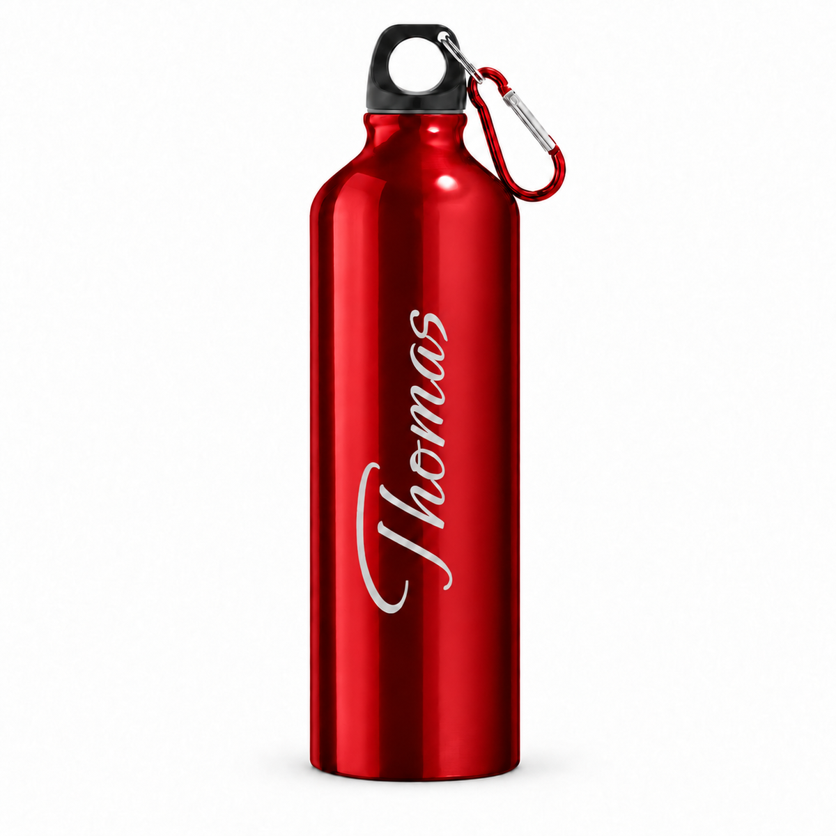 Trinkflasche in Rot mit Beispielname Thomas, schwarzem Schraubdeckel und Karabiner