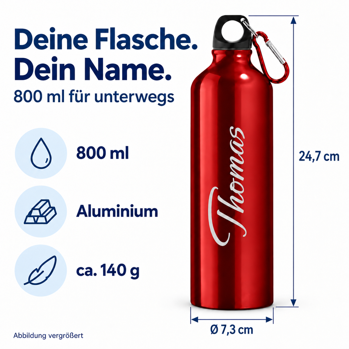 Maße der Trinkflasche in Rot: 24,7 cm Höhe, 7,3 cm Durchmesser, 800 ml und ca. 140 g
