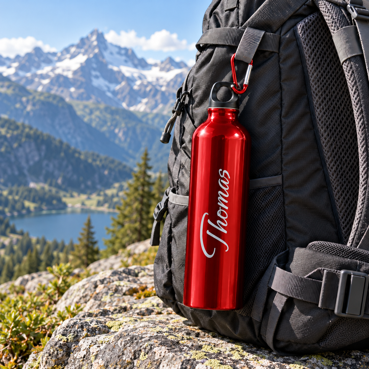 Trinkflasche in Rot mit Namensgravur beim Wandern am Rucksack