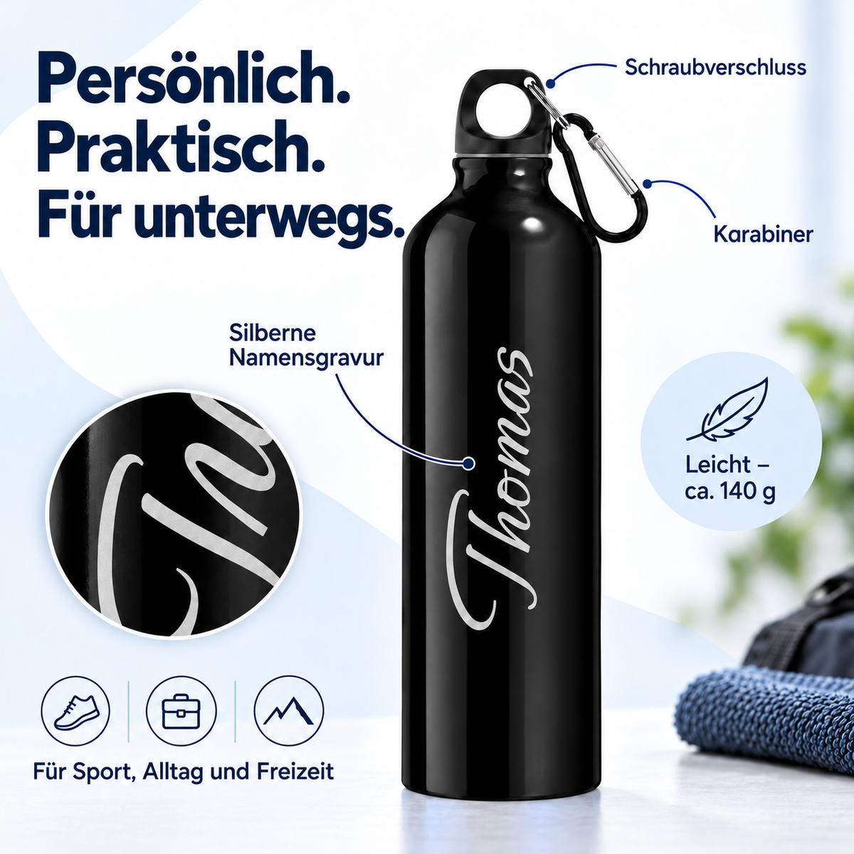 Trinkflasche in Schwarz: Schraubverschluss, Karabiner und silberne Namensgravur
