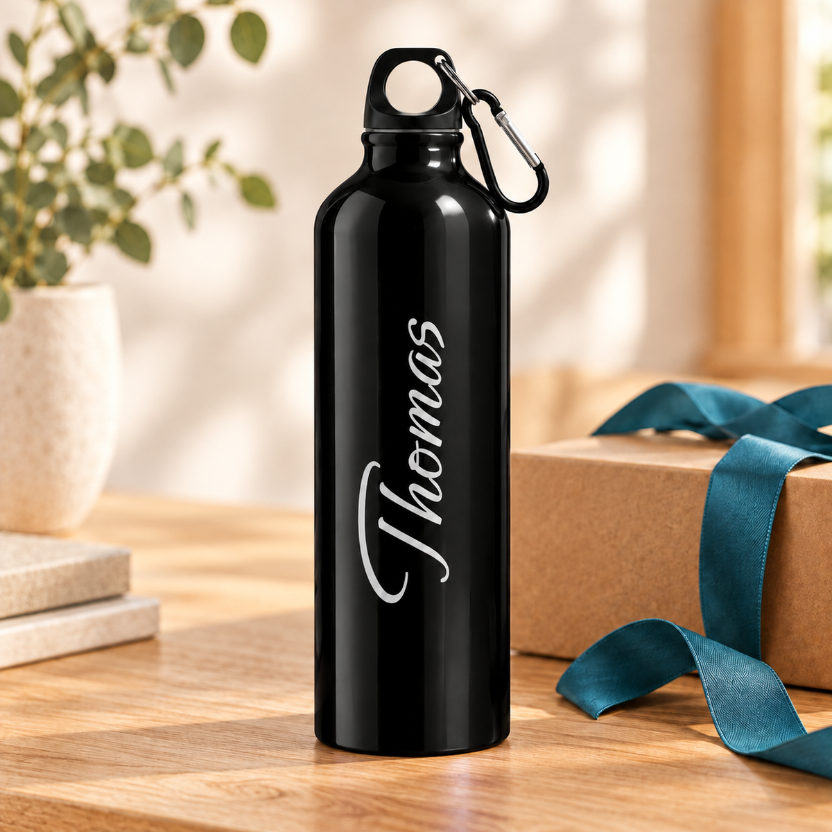 Personalisierte Trinkflasche in Schwarz als Geschenk mit Dekoration