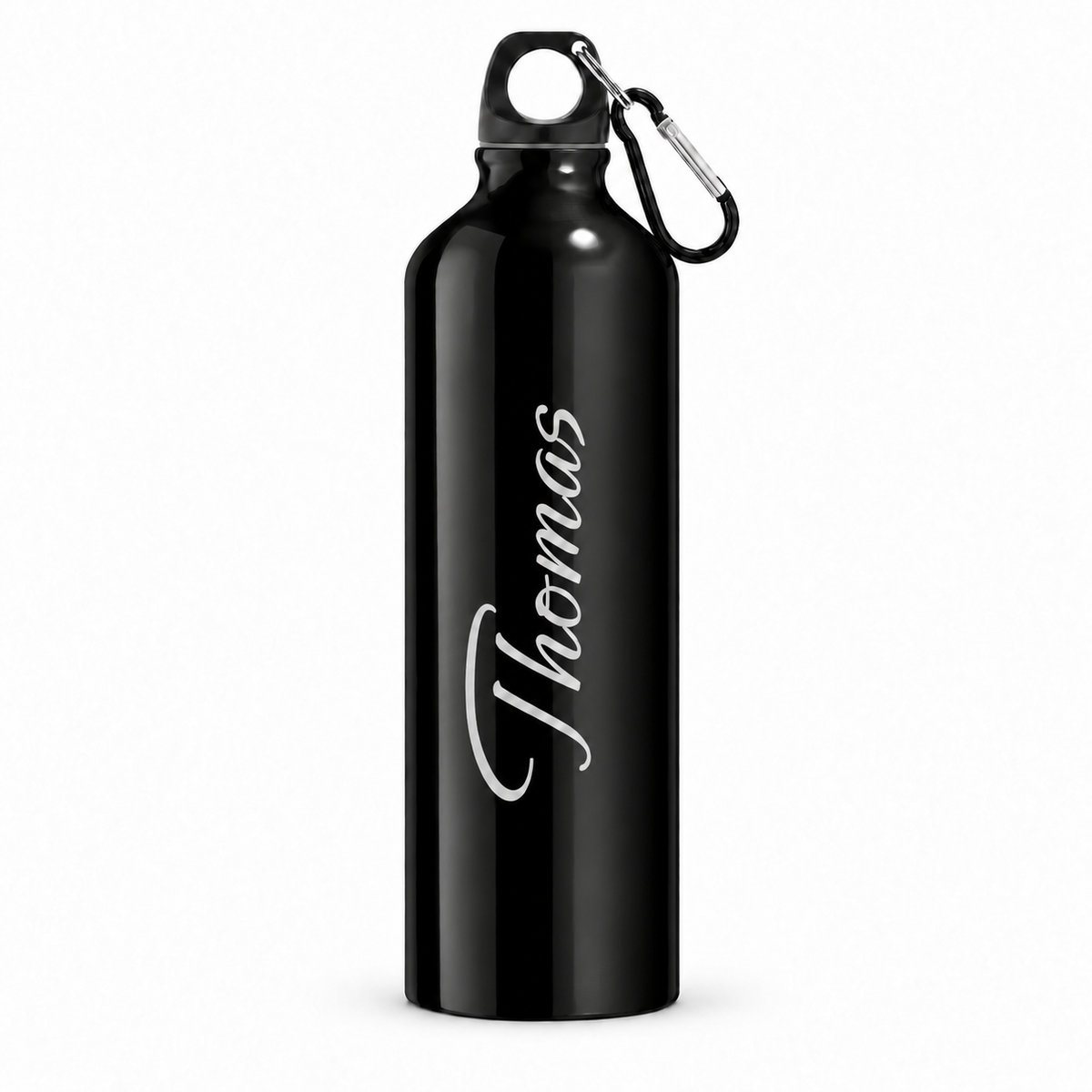 Trinkflasche in Schwarz mit Beispielname Thomas, schwarzem Schraubdeckel und Karabiner