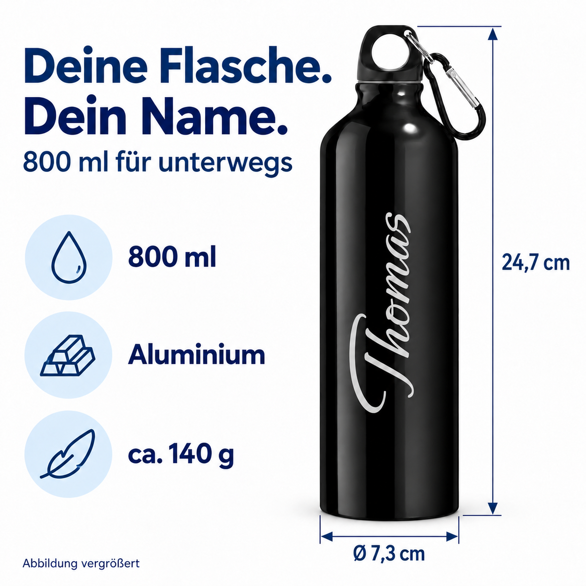 Maße der Trinkflasche in Schwarz: 24,7 cm Höhe, 7,3 cm Durchmesser, 800 ml und ca. 140 g