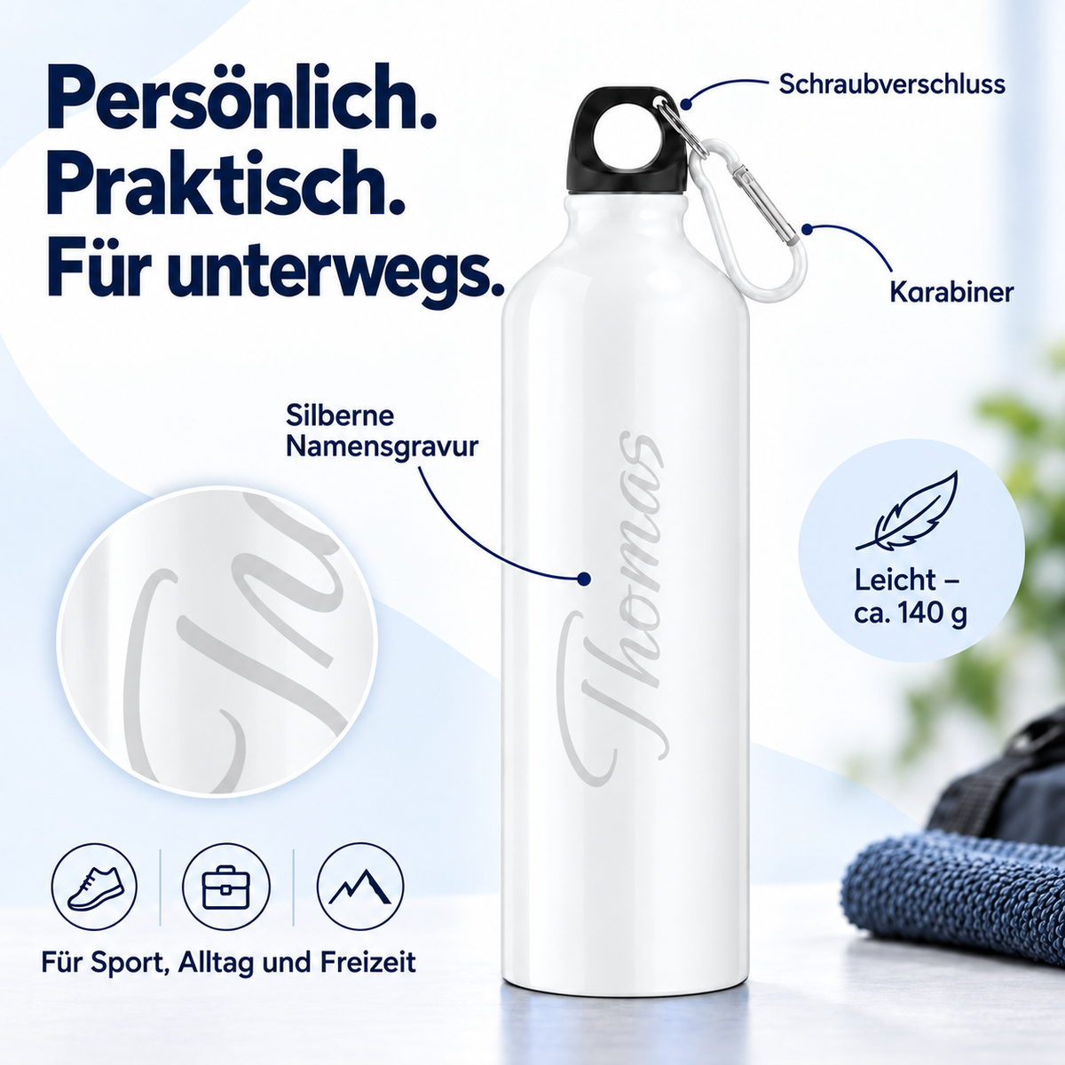 Trinkflasche in Weiß: Schraubverschluss, Karabiner und silberne Namensgravur