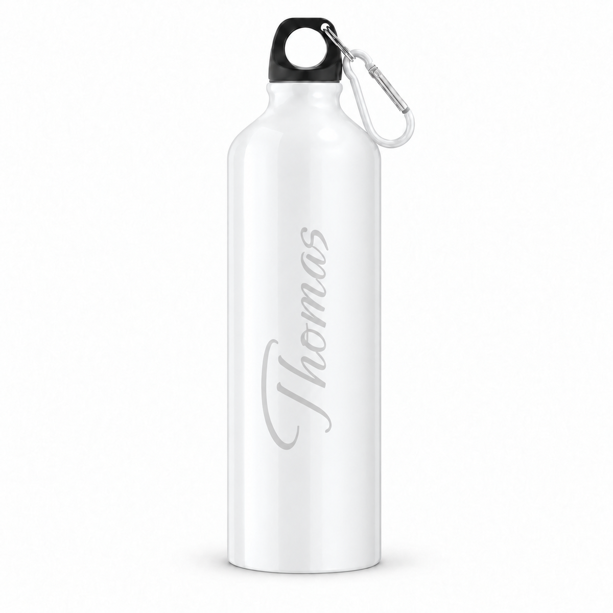 Trinkflasche in Weiß mit Beispielname Thomas, schwarzem Schraubdeckel und Karabiner