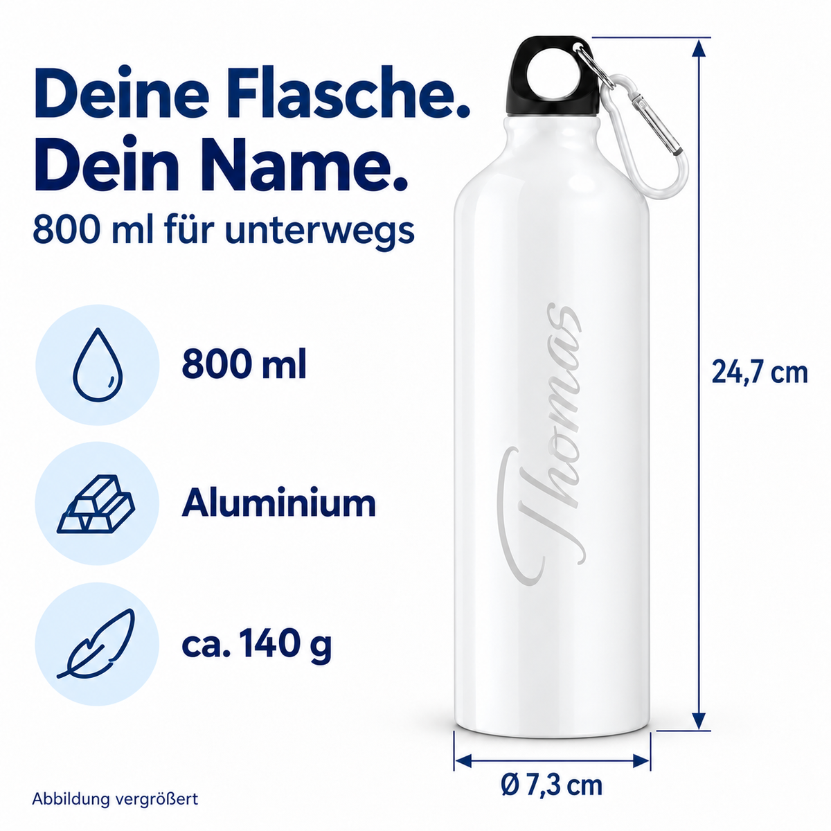 Maße der Trinkflasche in Weiß: 24,7 cm Höhe, 7,3 cm Durchmesser, 800 ml und ca. 140 g