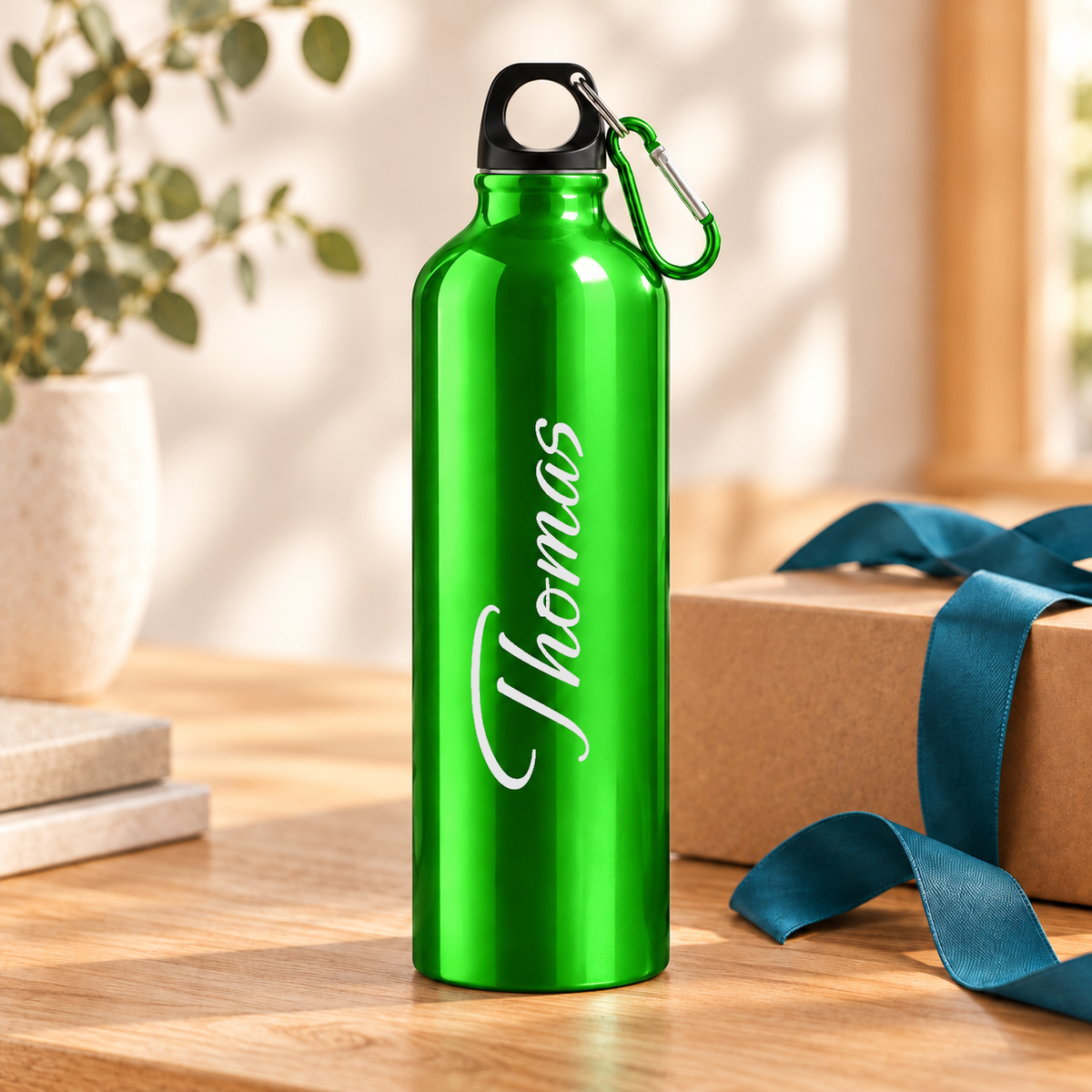 Personalisierte Trinkflasche in Hellgrün als Geschenk mit Dekoration