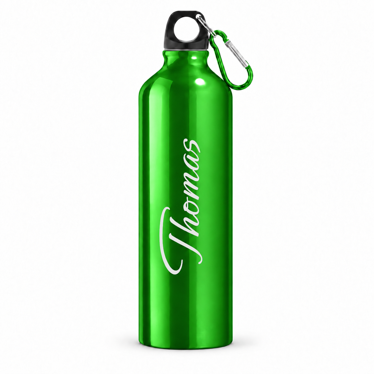 Trinkflasche in Hellgrün mit Beispielname Thomas, schwarzem Schraubdeckel und Karabiner