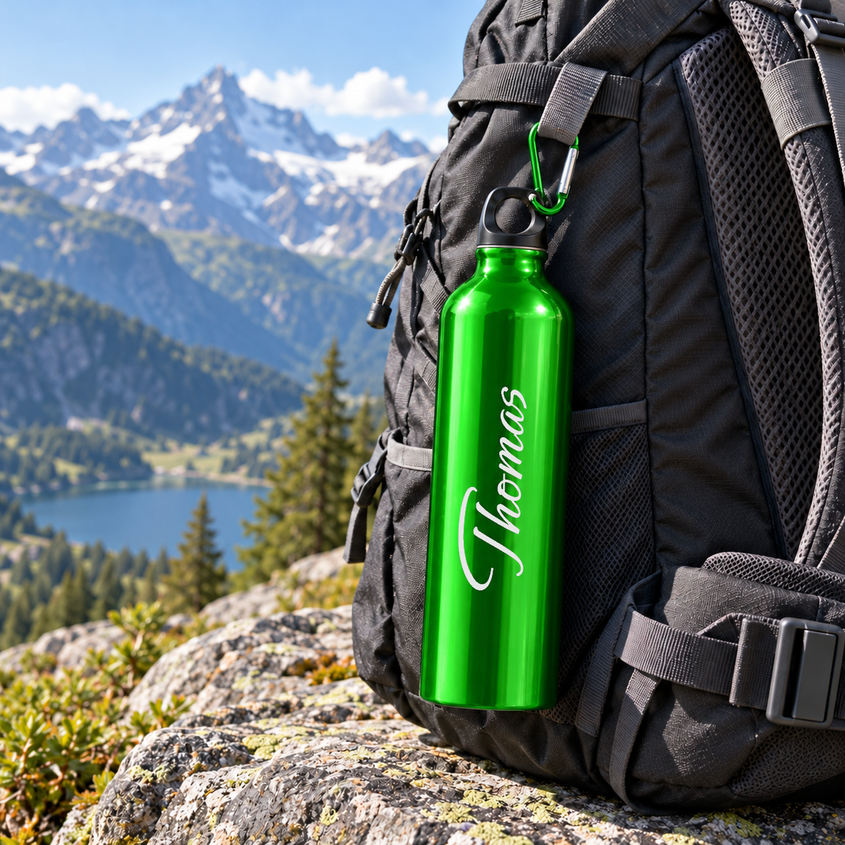 Trinkflasche in Hellgrün mit Namensgravur beim Wandern am Rucksack