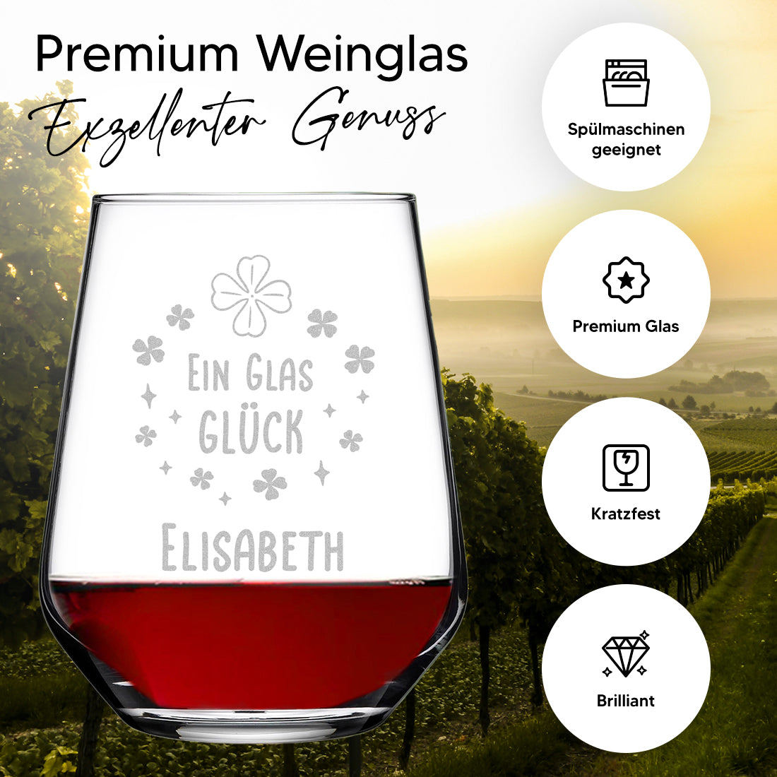 Personalisiertes Weinglas 425 ml mit Gravur - "Ein Glas Glück"