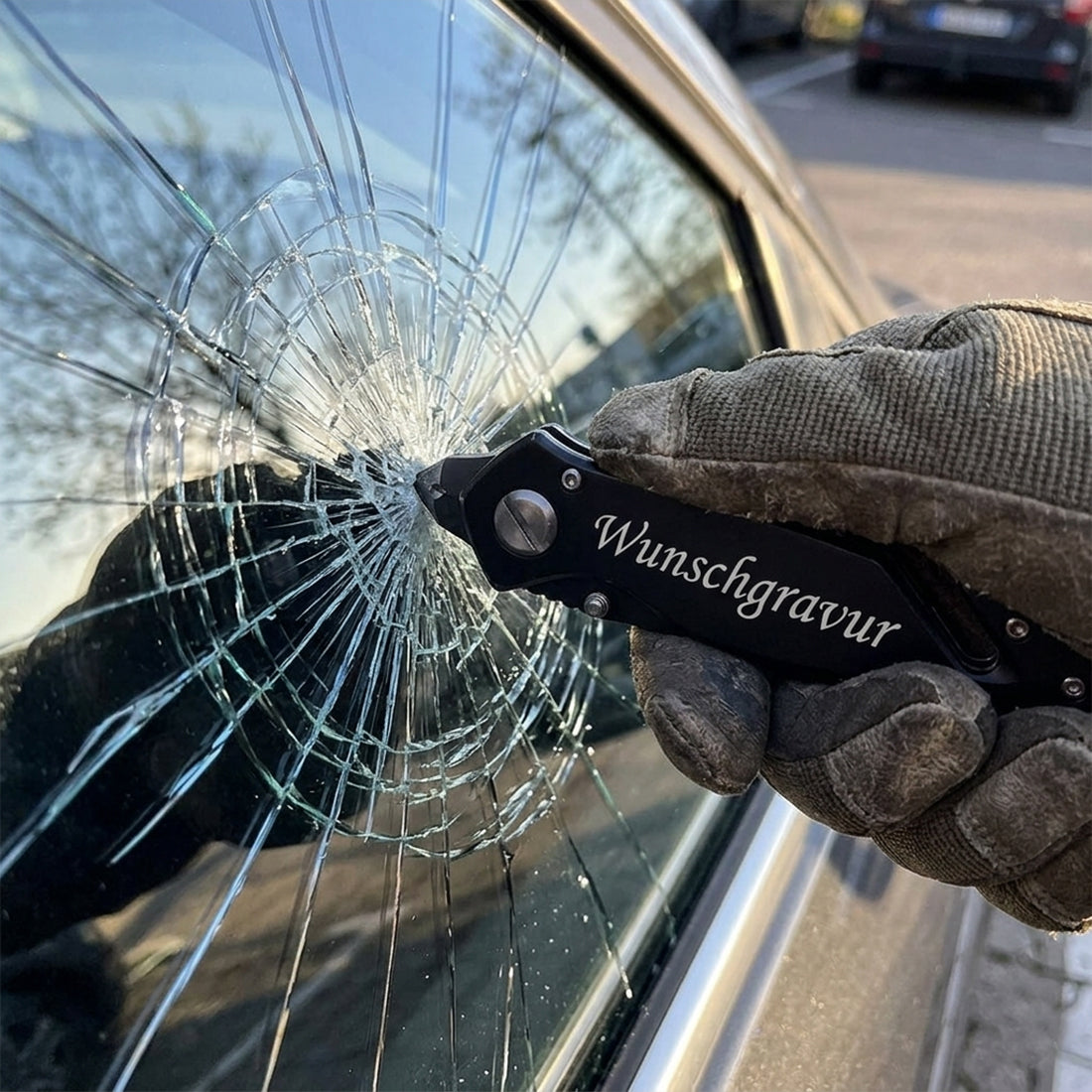 Personalisiertes Rettungsmesser – Schwarz, mit Gravur & Glasbrecher