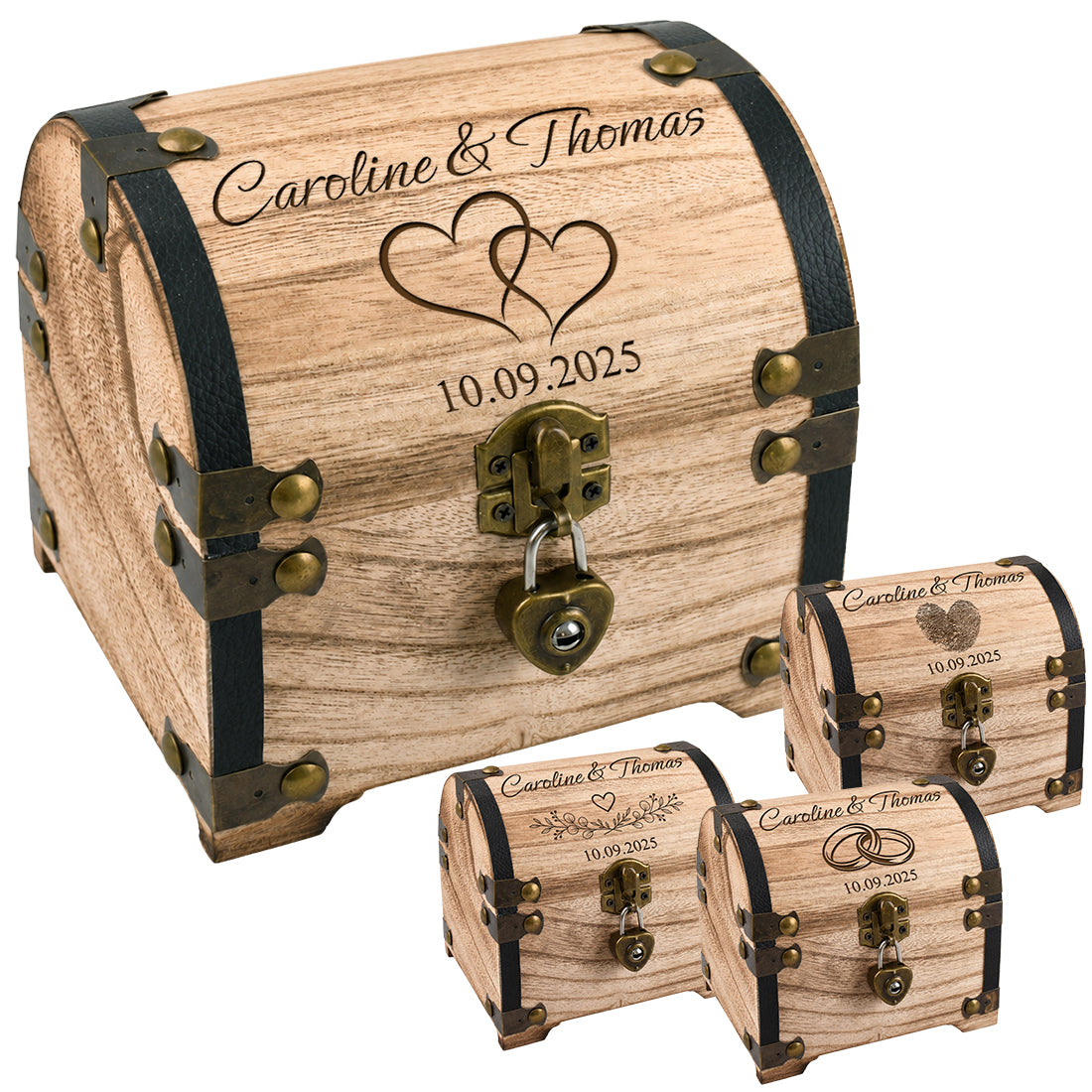 Personalisierte Holzschatztruhe zur Hochzeit mit Namensgravur und Herzschloss