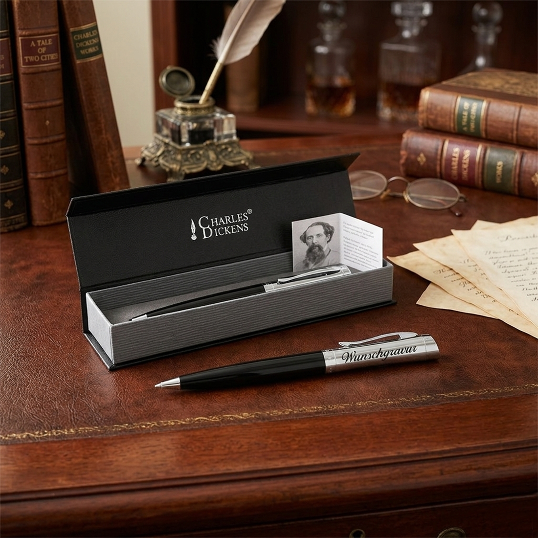 Charles Dickens® Kugelschreiber mit Wunschgravur – Personalisiertes Schreibset in edler Geschenkbox