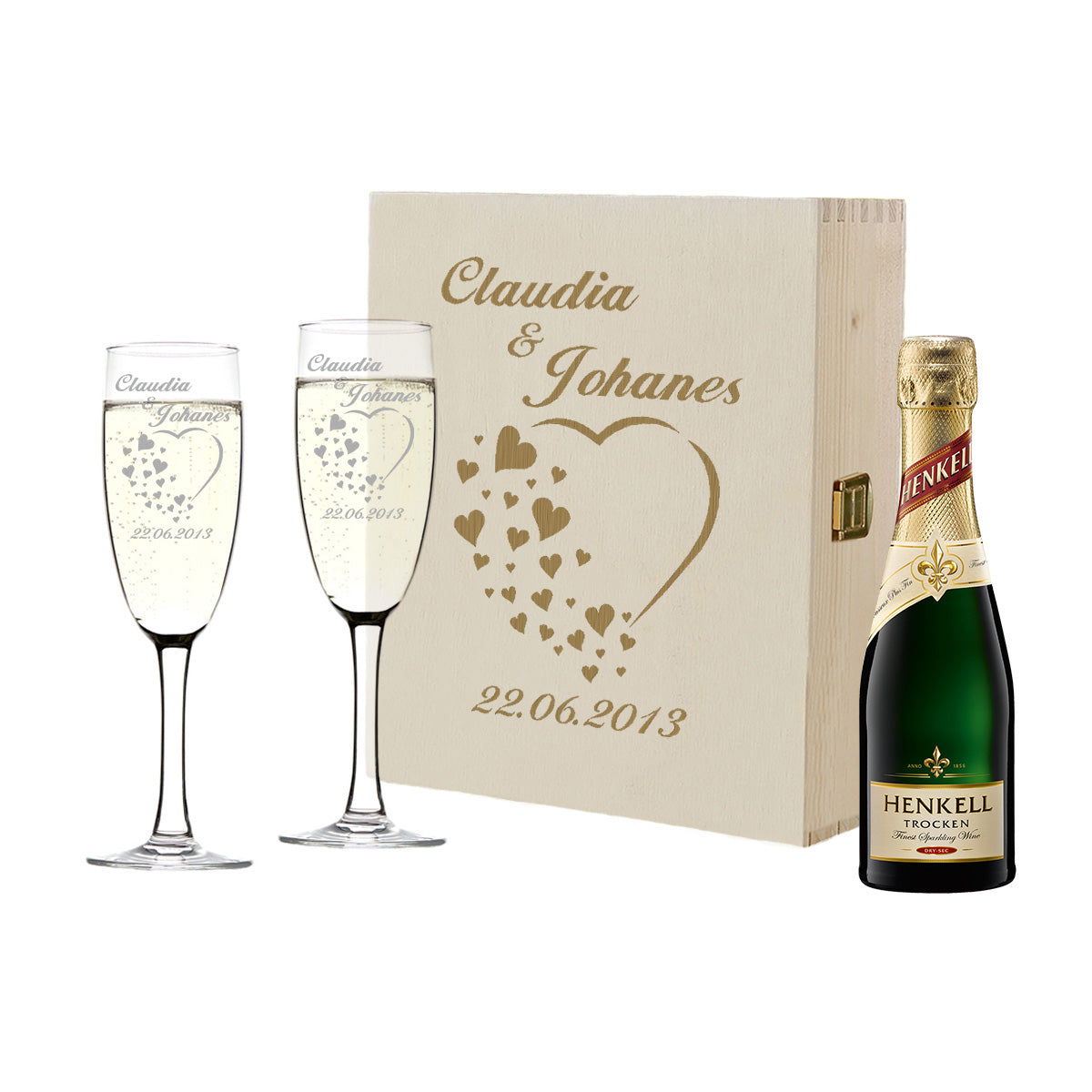4-teiliges Sekt-Set Hochzeitsgeschenk "Herz" mit Gravur