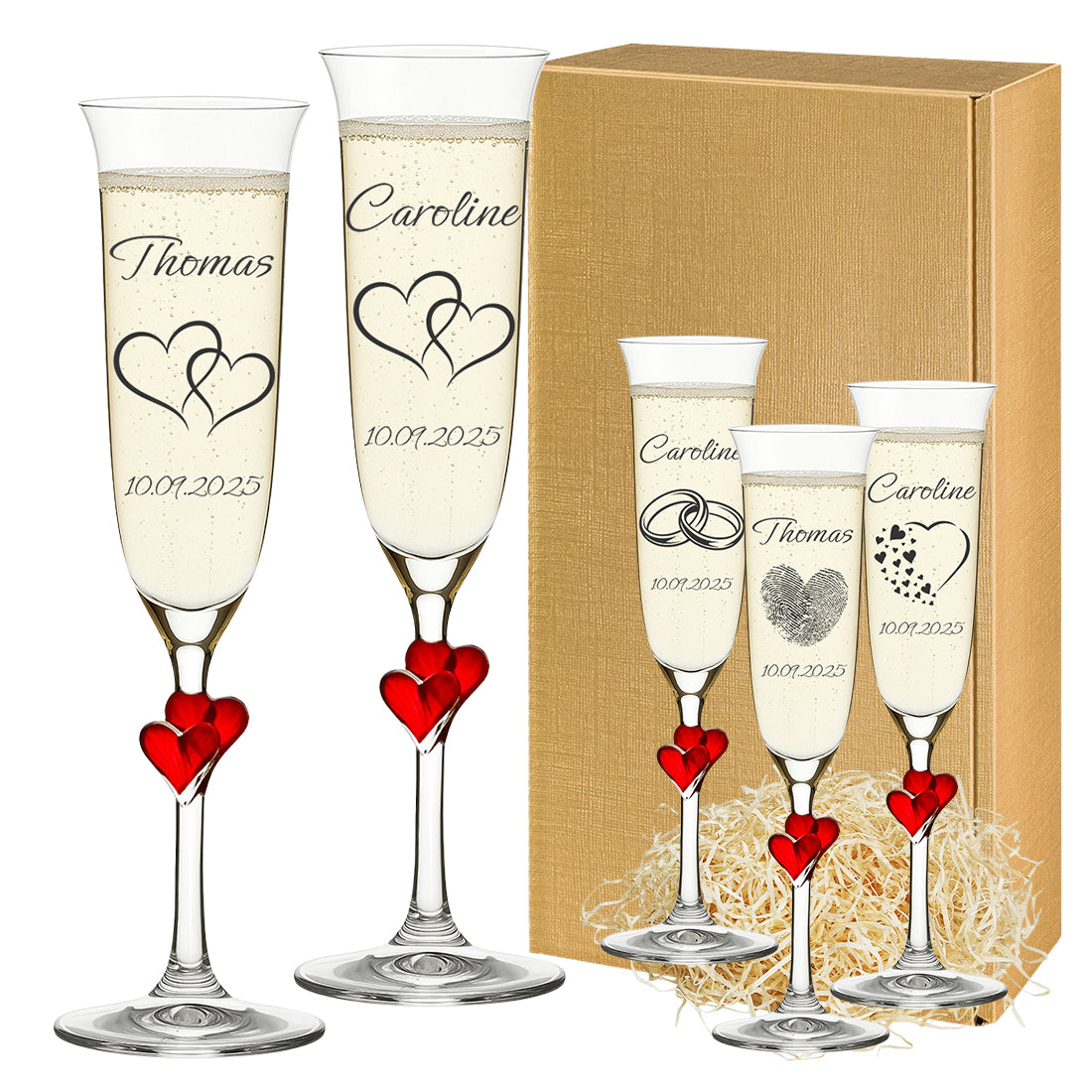 Personalisiertes Sektgläser 2er-Set mit roten Herzen am Stiel, Wunschgravur und edler Geschenkverpackung.