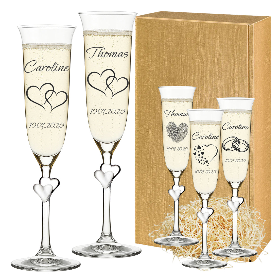 Personalisierte Sektgläser im 2er-Set mit satinierten Herzen am Stiel, Hochzeitsgravur und Geschenkkarton.