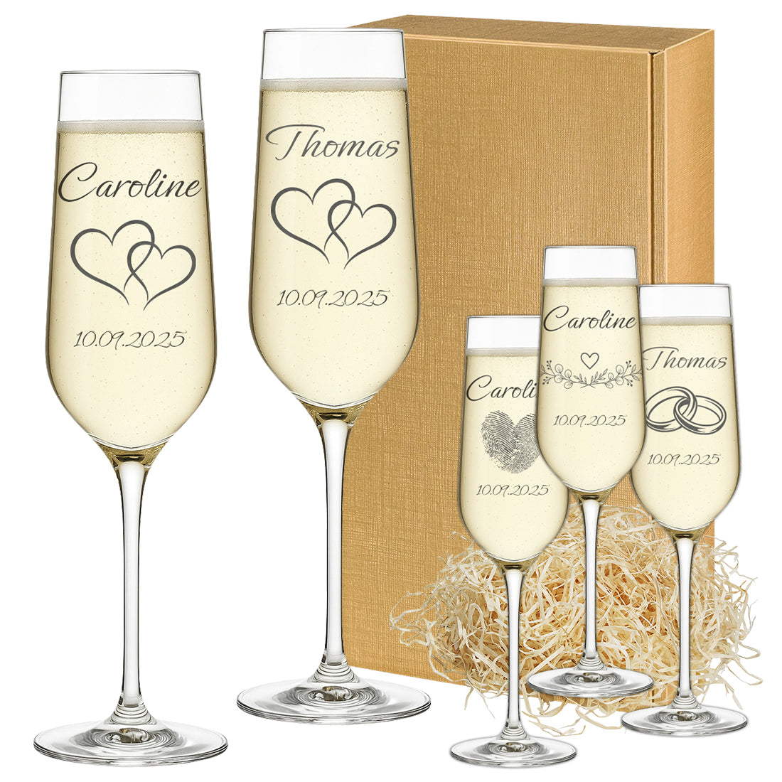 Personalisiertes Sektglas mit Herz-Gravur neben einer Auswahl an verschiedenen Gravur-Motiven wie Ringen und Unendlichkeitszeichen.