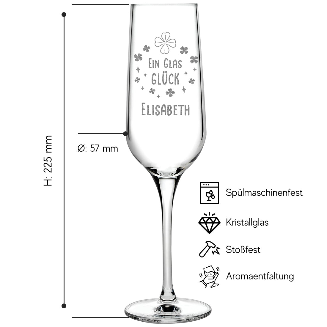 Elegantes Sektglas 195 ml mit Wunschgravur - "Ein Glas Glück"