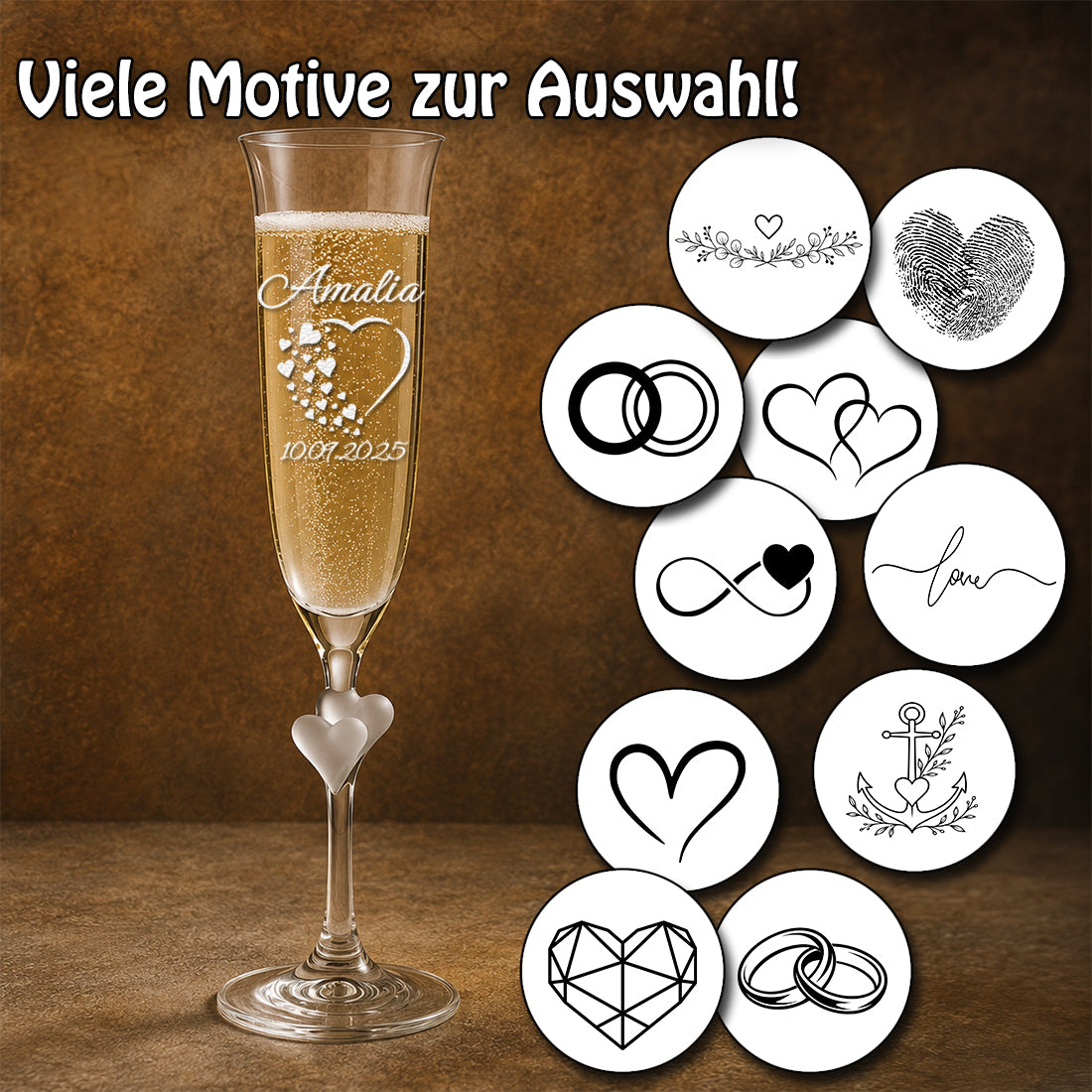 Sektglas mit satinierten Herzen am Stiel und Auswahl verschiedener Gravur-Motive wie Eheringe, Anker und Infinity.