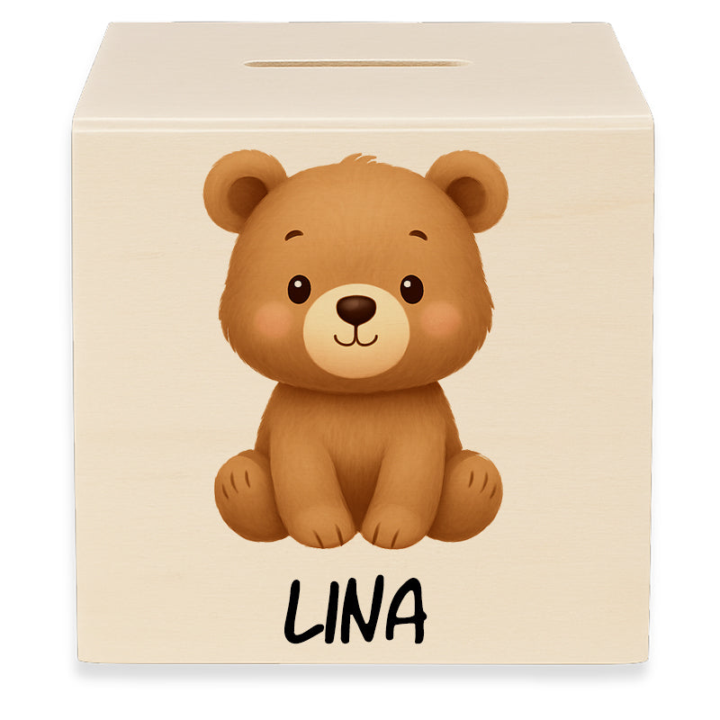 Holzspardose mit Motiv Bär und dem Beispielnamen Lina in der Vorderansicht