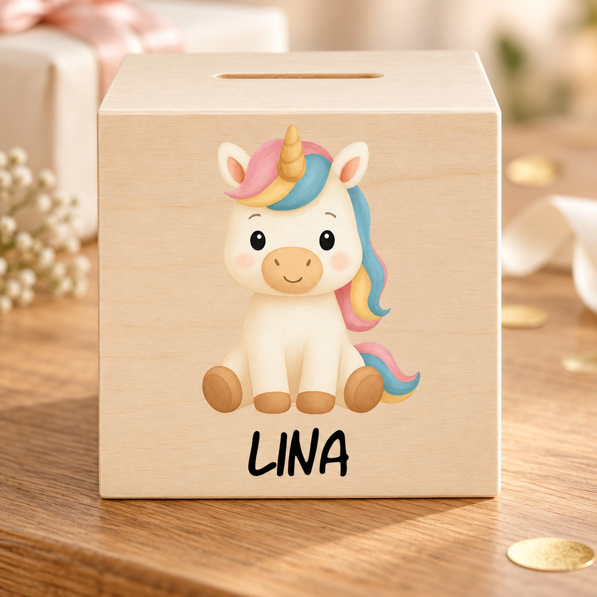 Holzspardose mit Einhorn und Beispielname Lina in einer warmen Geschenkszene.