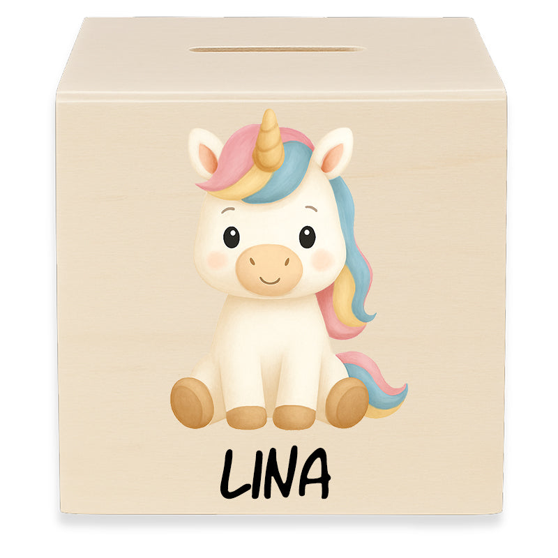 Holzspardose mit Motiv Einhorn und dem Beispielnamen Lina in der Vorderansicht