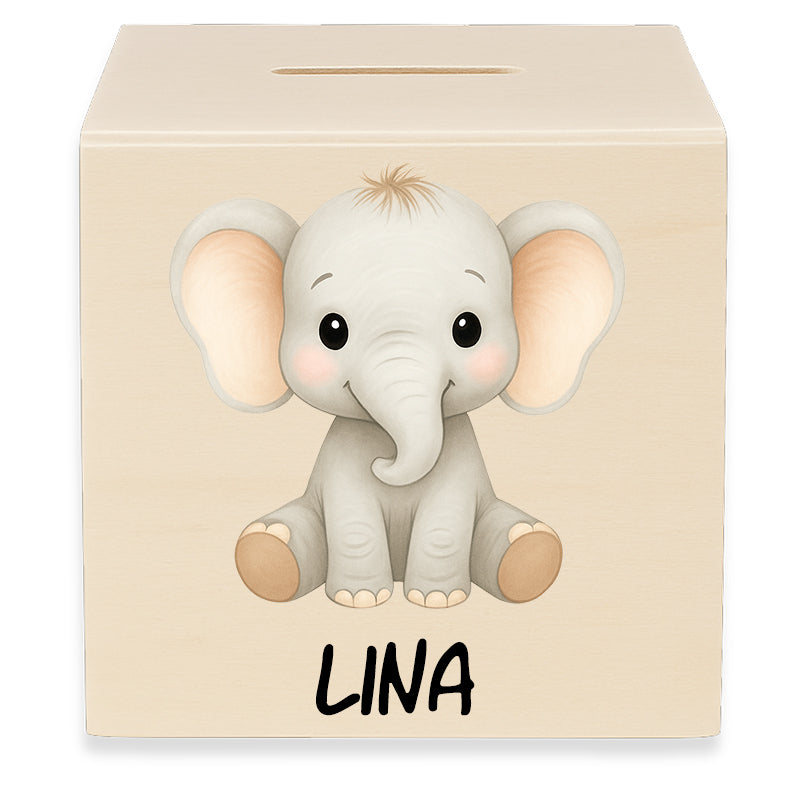 Holzspardose mit Motiv Elefant und dem Beispielnamen Lina in der Vorderansicht