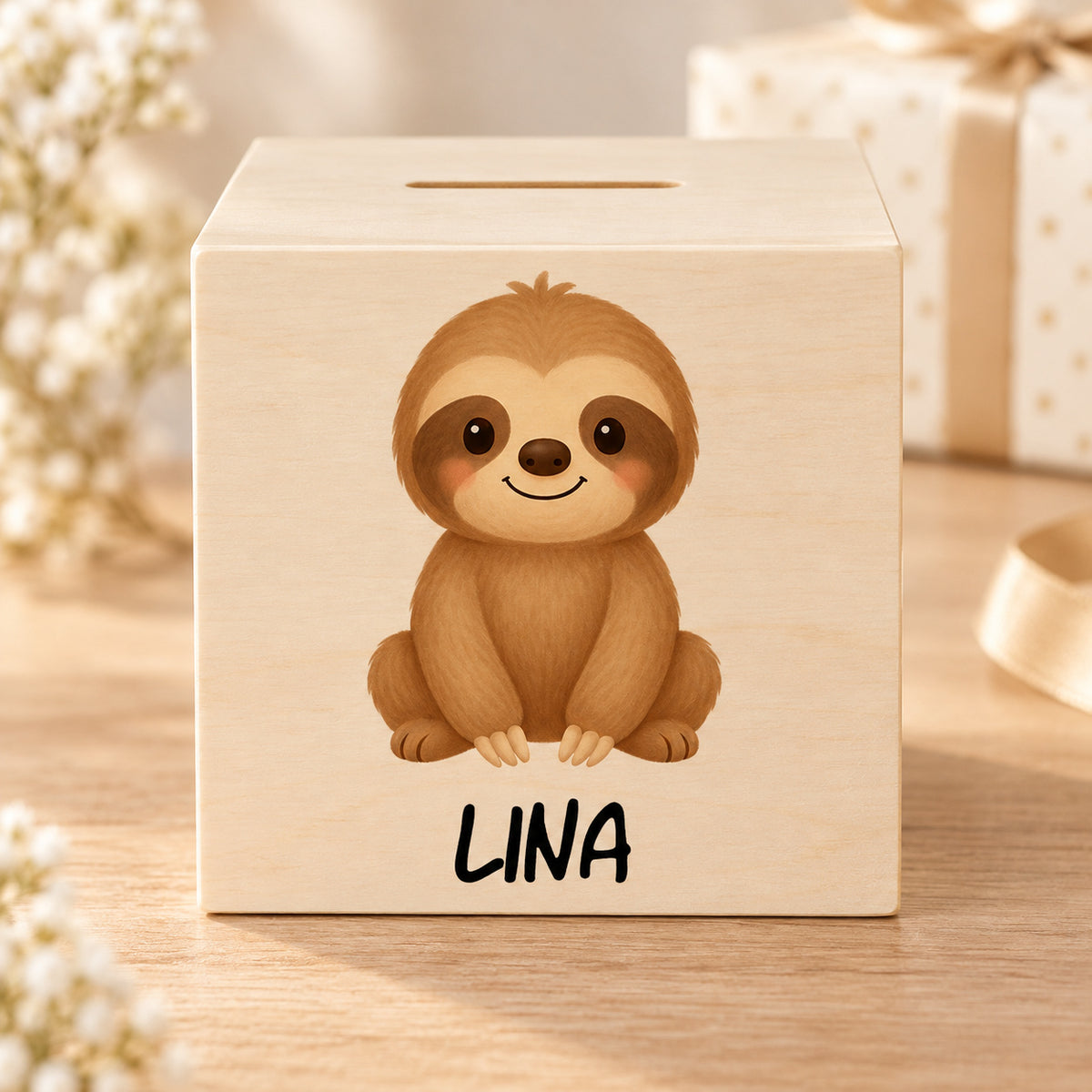 Holzspardose mit Faultier und Beispielname Lina in einer warmen Geschenkszene.