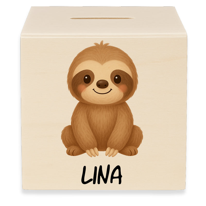 Holzspardose mit Motiv Faultier und dem Beispielnamen Lina in der Vorderansicht