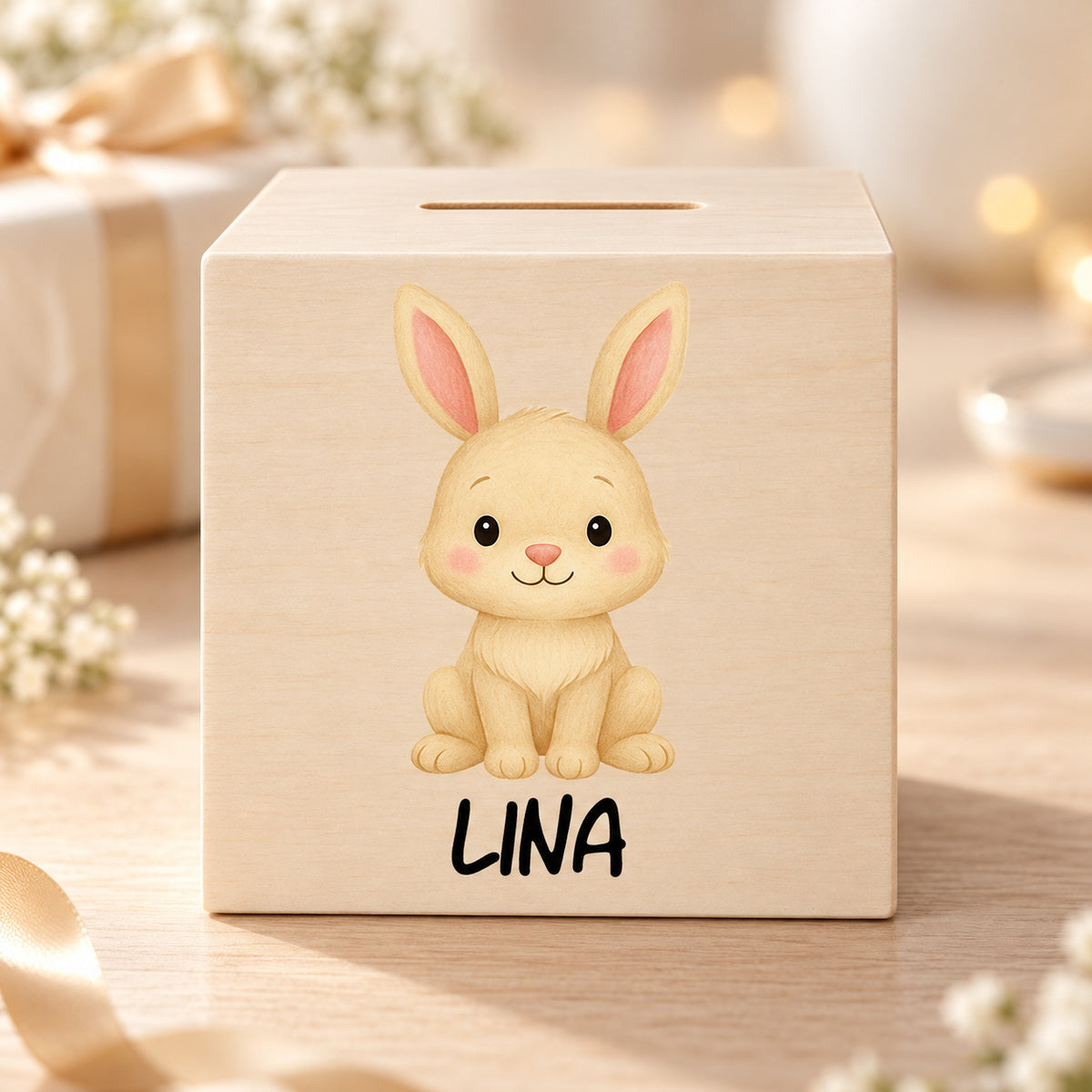 Holzspardose mit Hase und Beispielname Lina in einer warmen Geschenkszene.