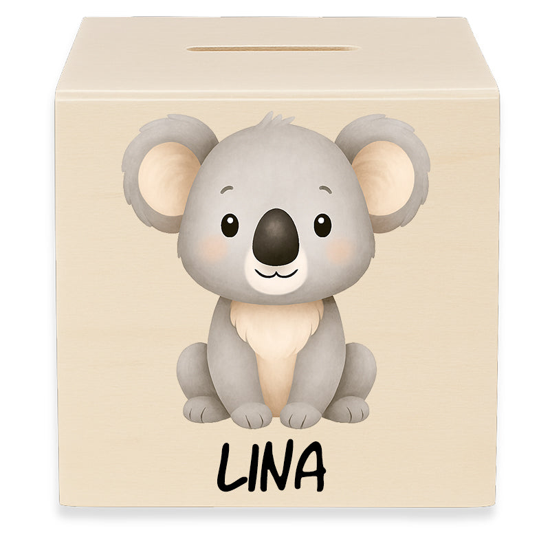 Holzspardose mit Motiv Koala und dem Beispielnamen Lina in der Vorderansicht