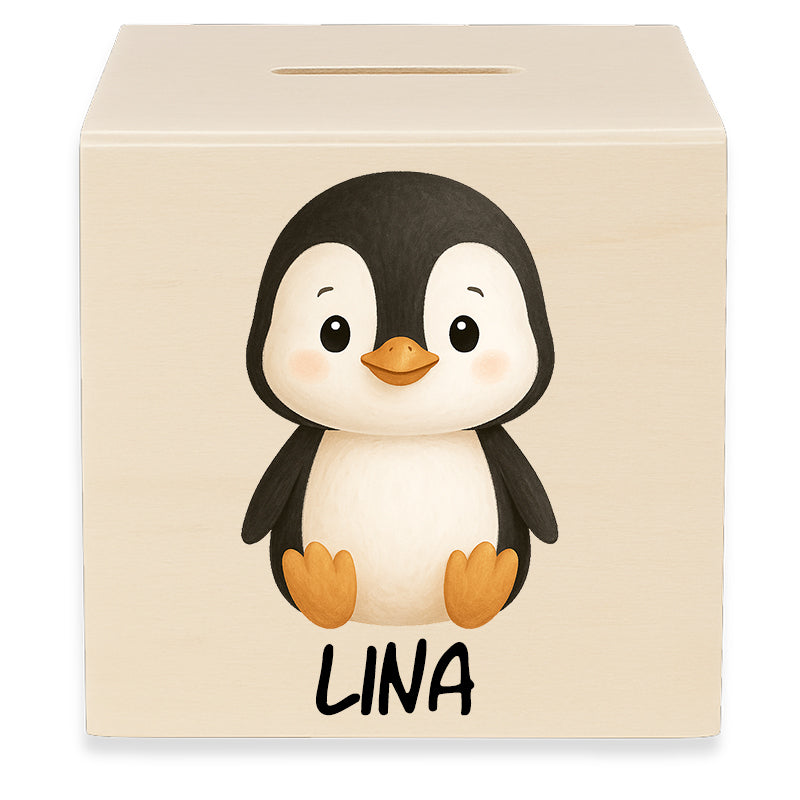 Holzspardose mit Motiv Pinguin und dem Beispielnamen Lina in der Vorderansicht