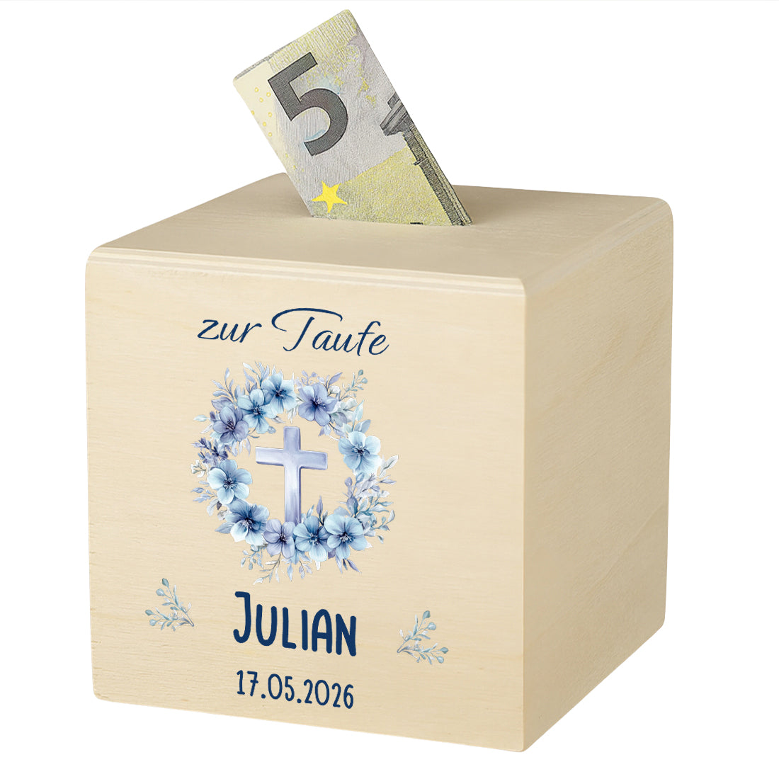 Personalisierte Holz-Spardose für Jungen zur Taufe mit blauem Blumenkranz und Kreuz.