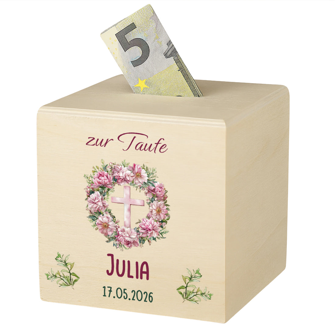 Personalisierte Holz-Spardose für Mädchen zur Taufe mit rosa Blumenkranz und Kreuz.
