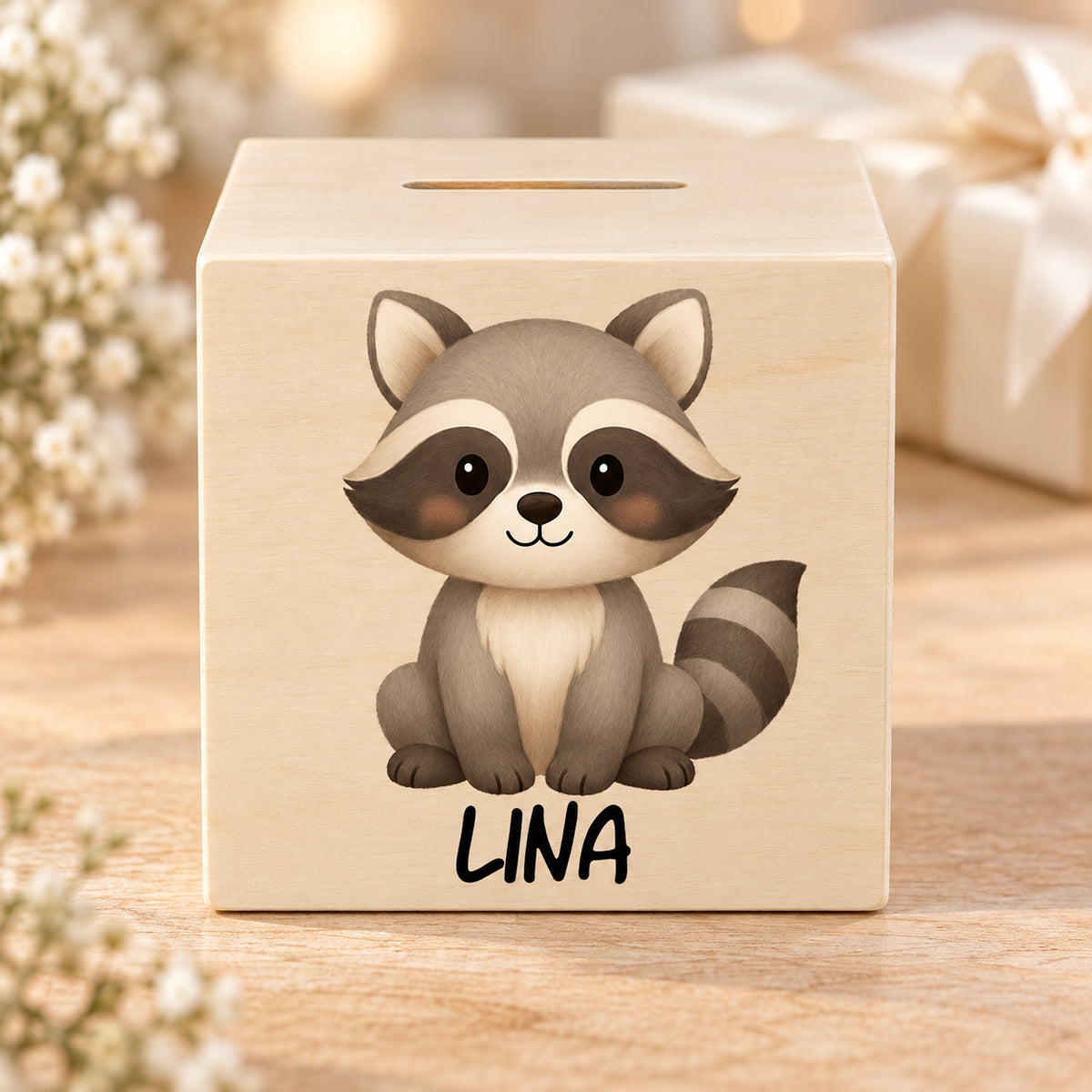 Holzspardose mit Waschbär und Beispielname Lina in einer warmen Geschenkszene.