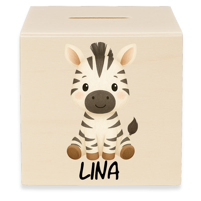 Holzspardose mit Motiv Zebra und dem Beispielnamen Lina in der Vorderansicht
