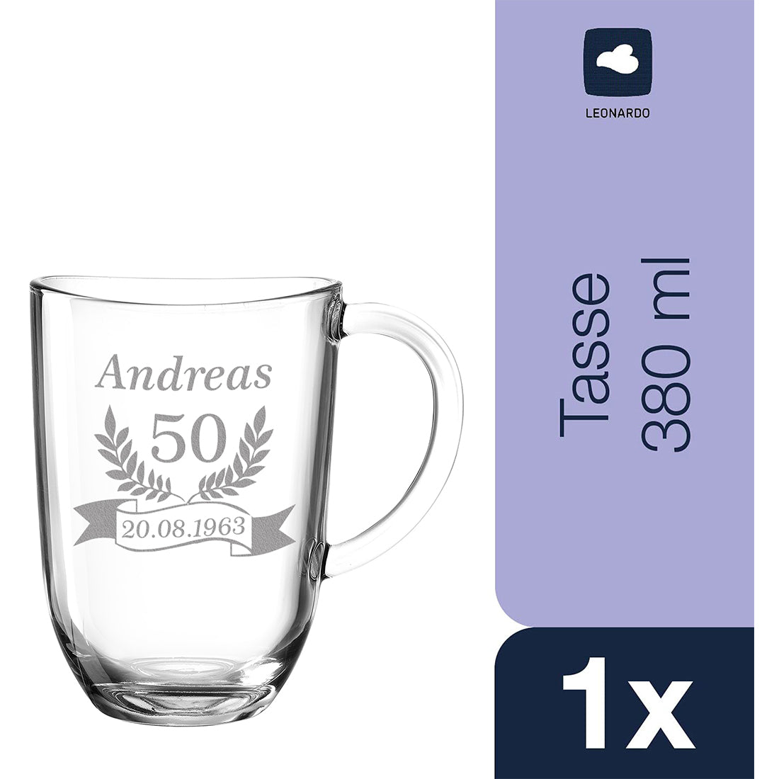 Moderne Teetasse aus Glas 380 ml mit Gravur