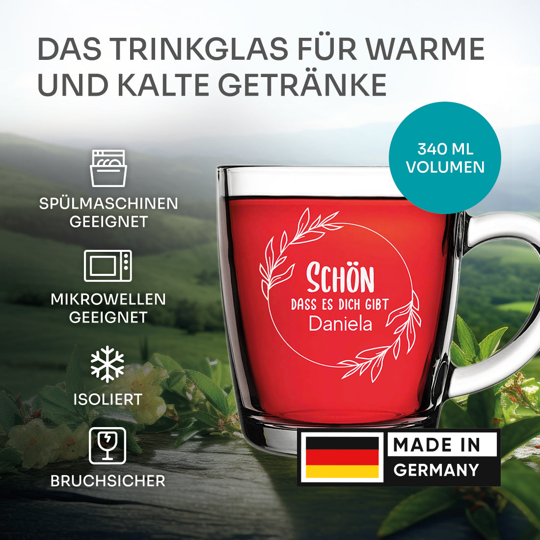 Glasbecher 340 ml für Tee mit Gravur "Schön dass es dich gibt"